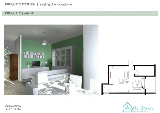vista 3D per il restyling di un soggiorno moderno e rètro